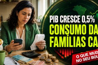 Mulher analisando despesas enquanto o PIB do Brasil cresce 0,5% e o consumo das famílias cai