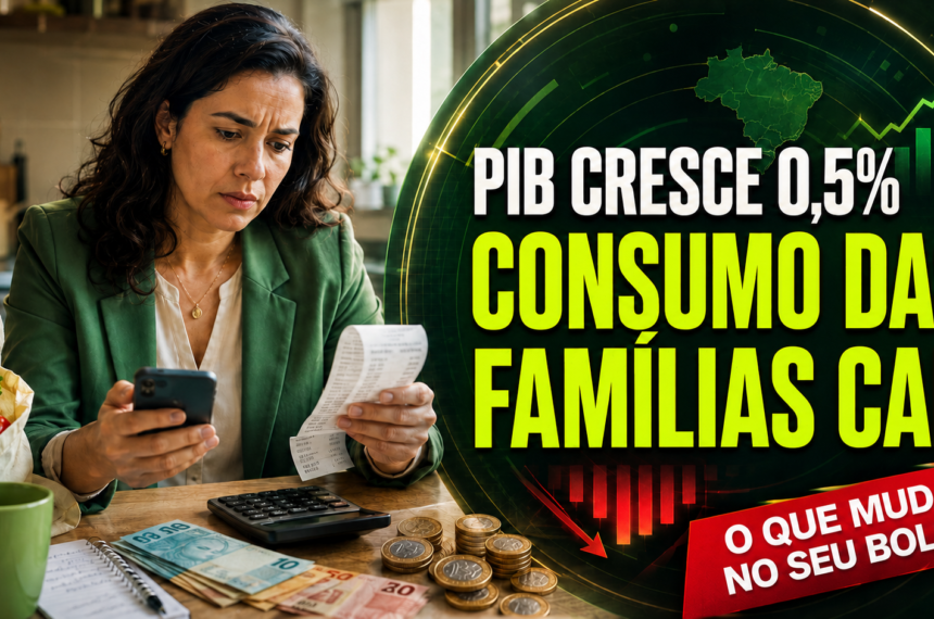 Mulher analisando despesas enquanto o PIB do Brasil cresce 0,5% e o consumo das famílias cai