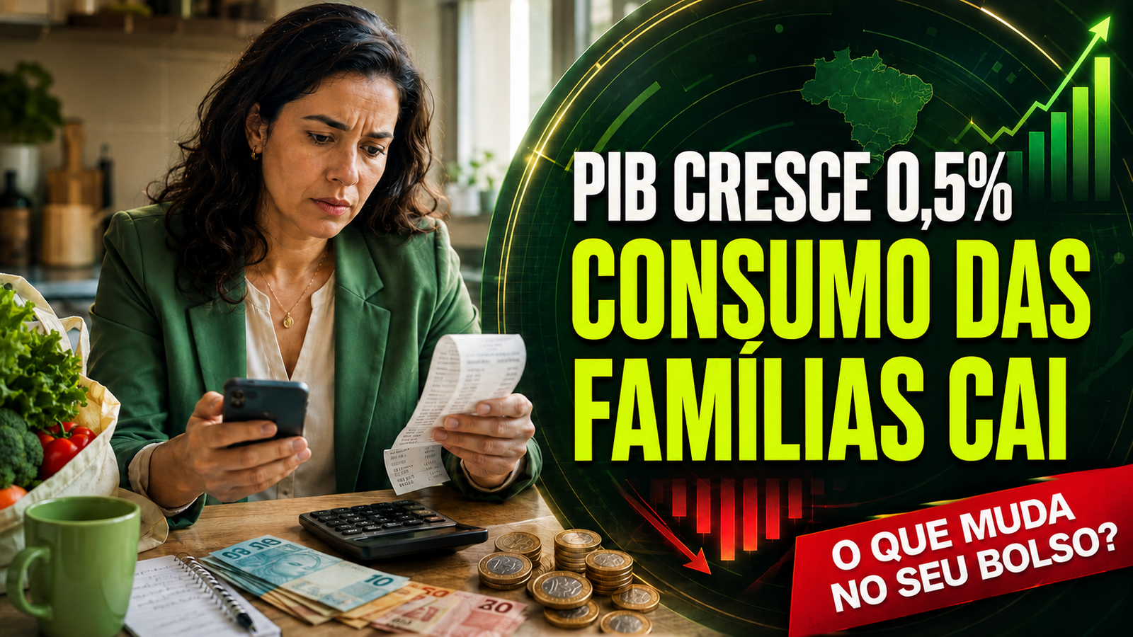Mulher analisando despesas enquanto o PIB do Brasil cresce 0,5% e o consumo das famílias cai