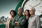 Trabalhadores brasileiros diante de relógio simbolizando proposta de aposentadoria aos 67 anos