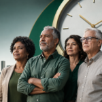 Trabalhadores brasileiros diante de relógio simbolizando proposta de aposentadoria aos 67 anos