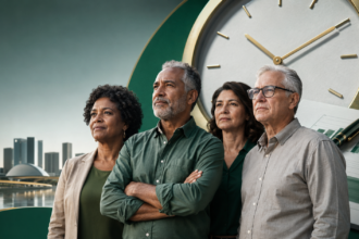 Trabalhadores brasileiros diante de relógio simbolizando proposta de aposentadoria aos 67 anos