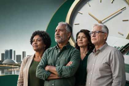 Trabalhadores brasileiros diante de relógio simbolizando proposta de aposentadoria aos 67 anos
