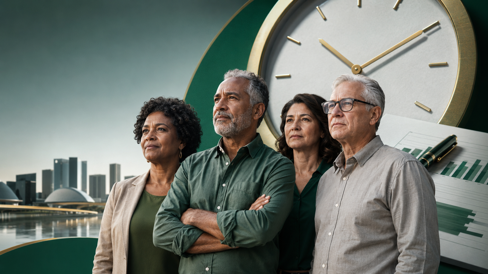Trabalhadores brasileiros diante de relógio simbolizando proposta de aposentadoria aos 67 anos