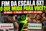 Trabalhador cansado na escala 6x1 e família aproveitando dois dias de descanso