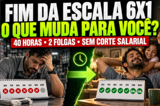 Trabalhador cansado na escala 6x1 e família aproveitando dois dias de descanso