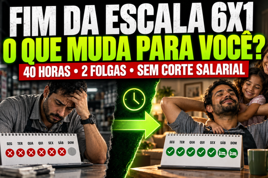 Trabalhador cansado na escala 6x1 e família aproveitando dois dias de descanso