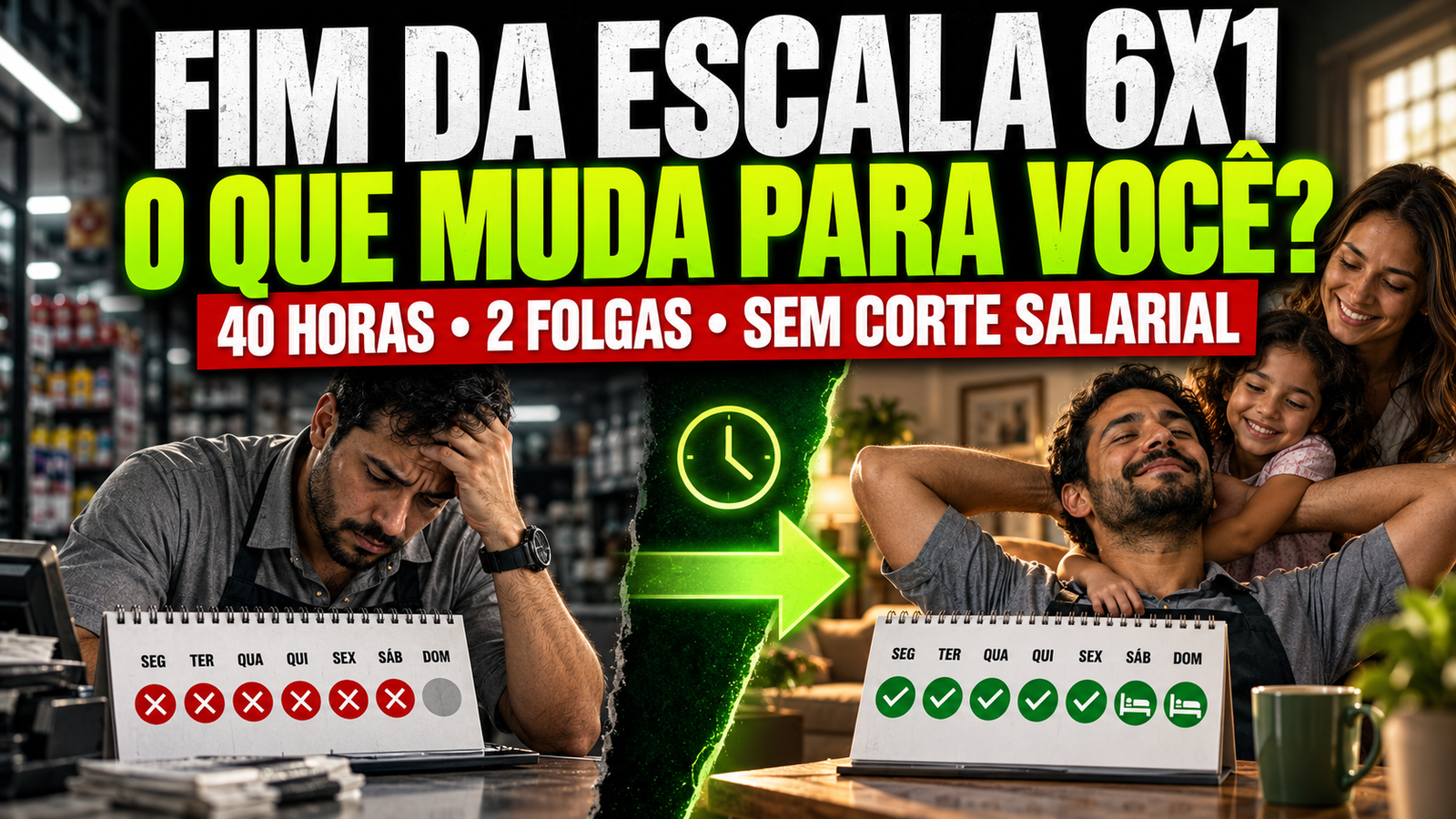 Trabalhador cansado na escala 6x1 e família aproveitando dois dias de descanso