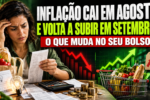 Mulher analisa recibos, conta de luz e compras enquanto gráfico de preços oscila