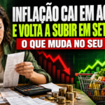 Mulher analisa recibos, conta de luz e compras enquanto gráfico de preços oscila
