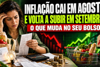 Mulher analisa recibos, conta de luz e compras enquanto gráfico de preços oscila