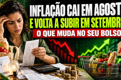 Mulher analisa recibos, conta de luz e compras enquanto gráfico de preços oscila