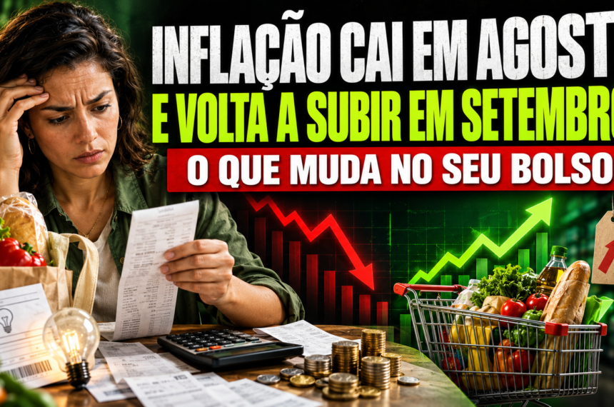 Mulher analisa recibos, conta de luz e compras enquanto gráfico de preços oscila