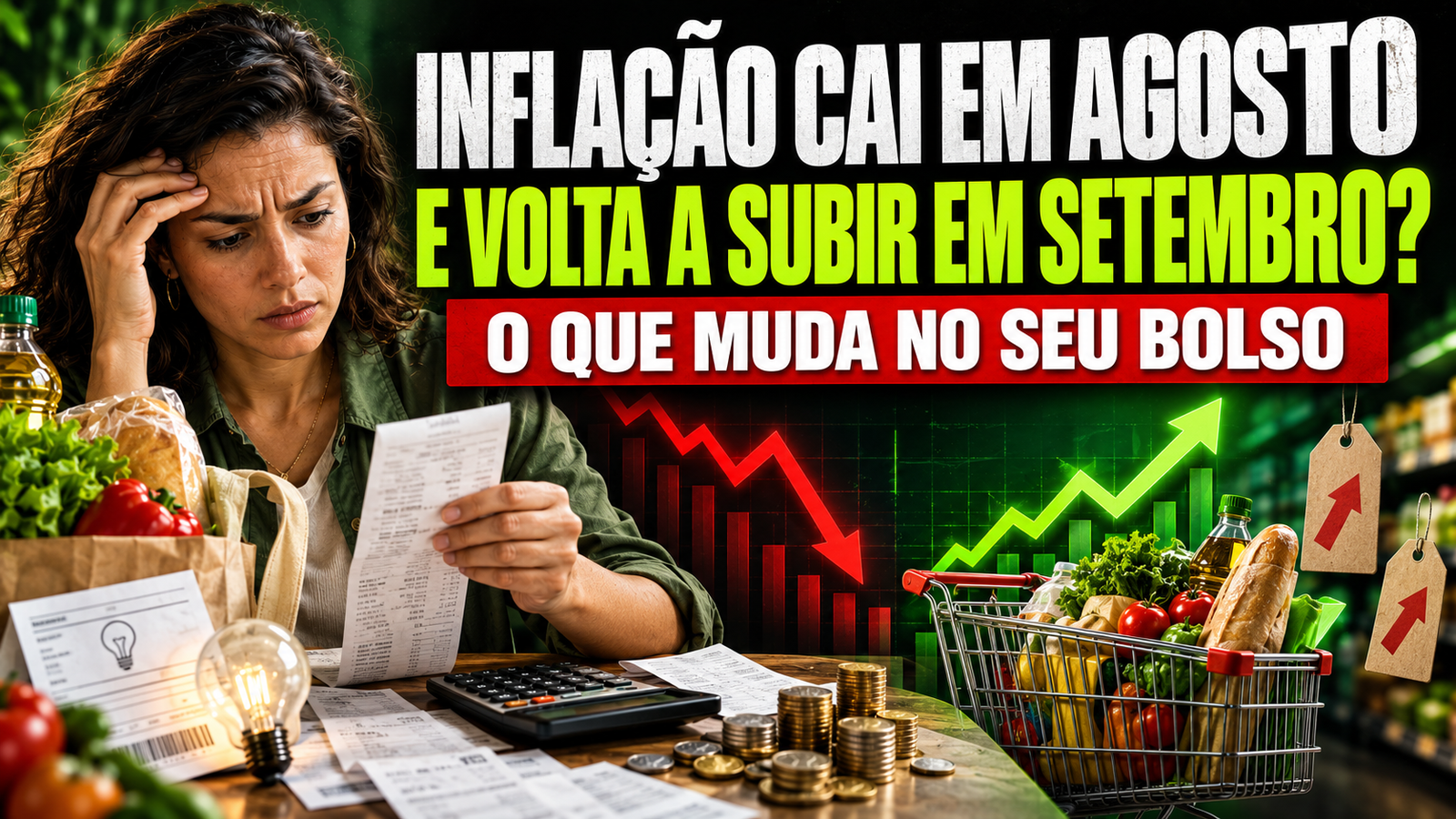 Mulher analisa recibos, conta de luz e compras enquanto gráfico de preços oscila